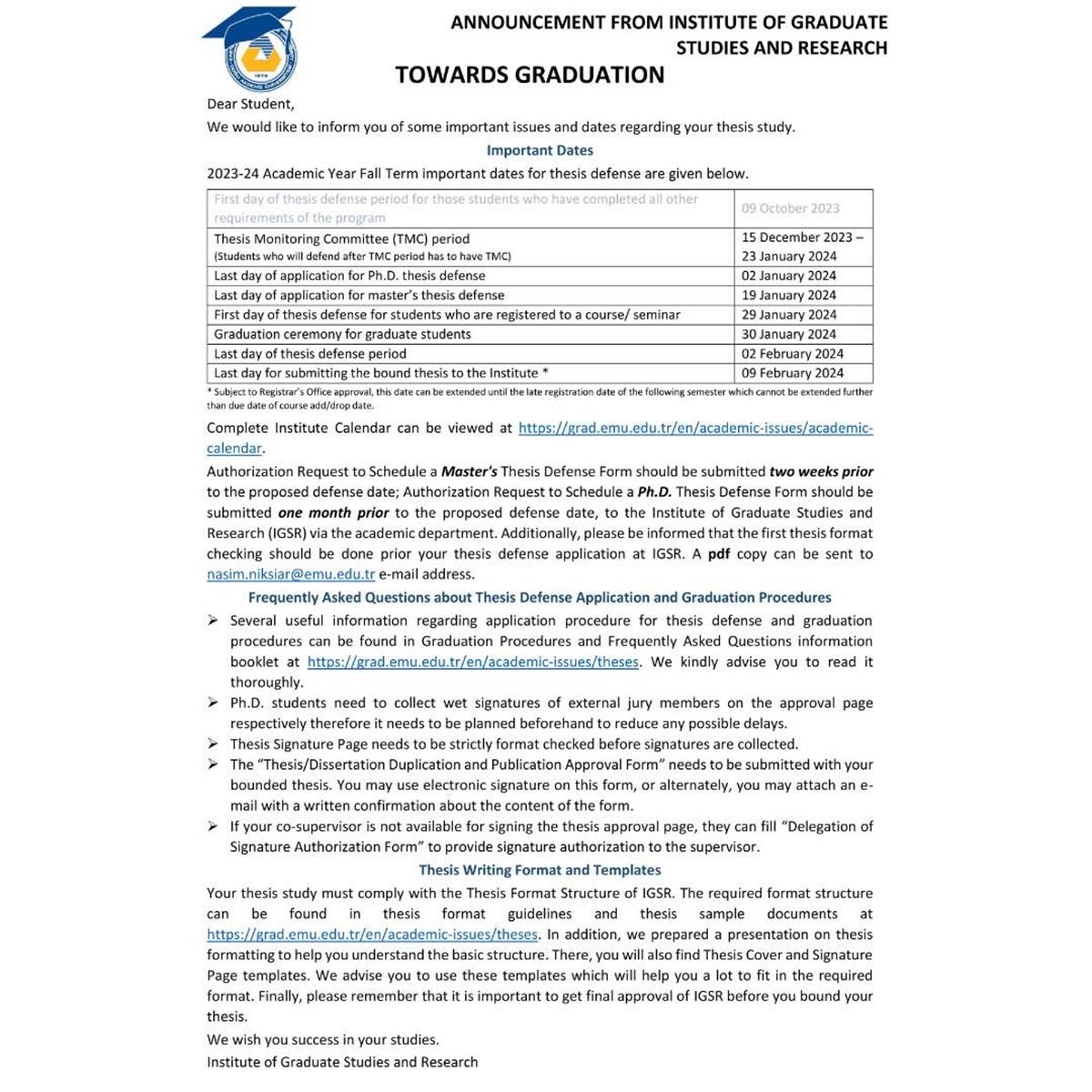 Announcement From The Institute Of Graduate Studies And Research For announcement-from-the-institute-of-graduate-studies-and-research-for